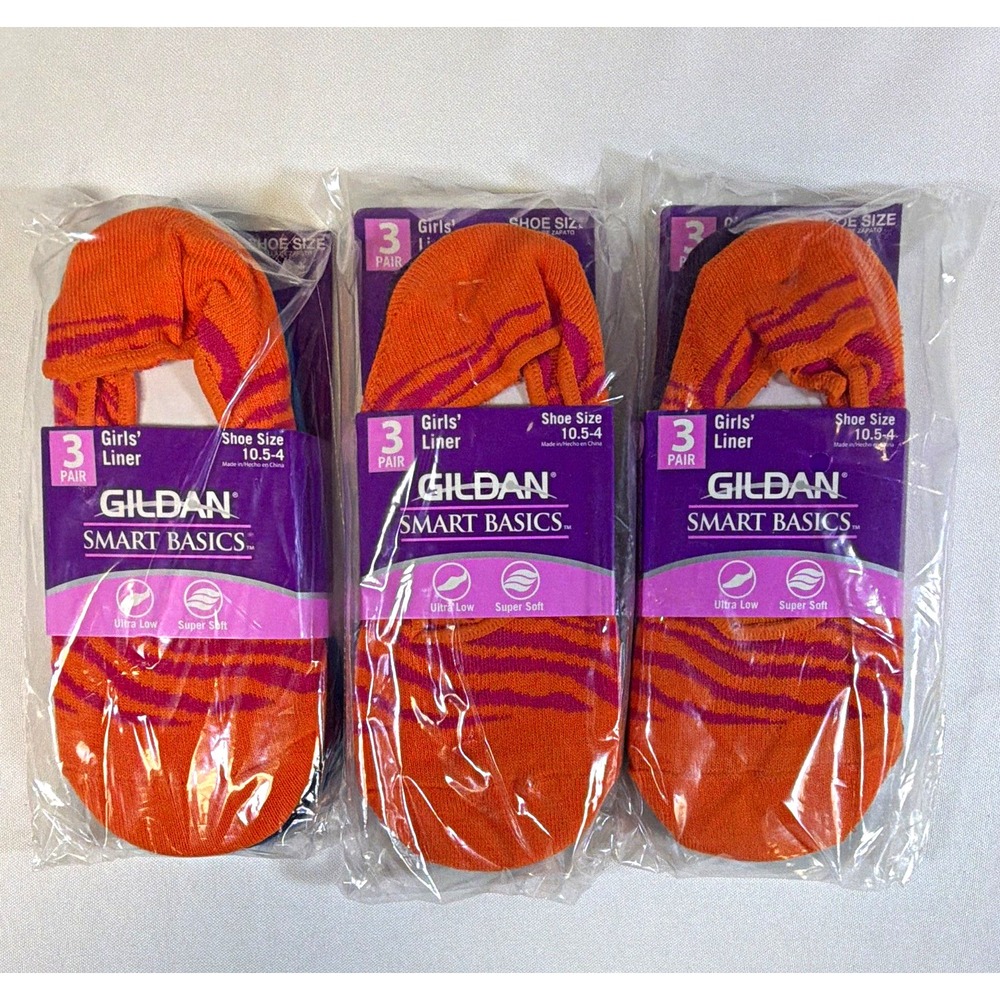 Gildan Girls No-Show Trainer Liner Socks 9 Pairs Striped Orange/Purple Sz 10.5-4